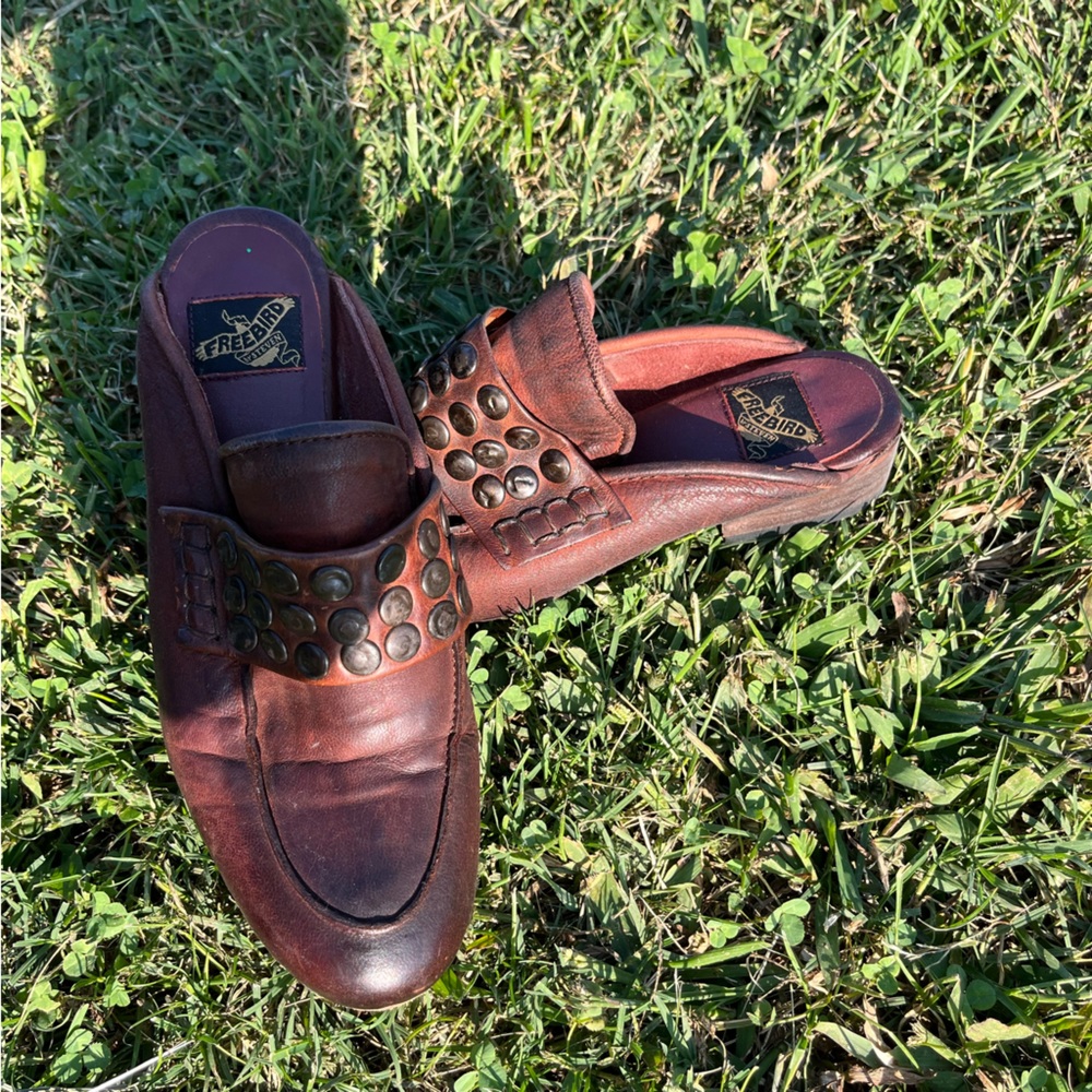 FreeBird by Steve. Beautiful dark brown mules with bronzed hardware.